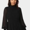 Long Sleeve Mock Neck Chifon Smocked Mini Dress