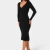 Button Front V-Neck Sweater Midi Dress